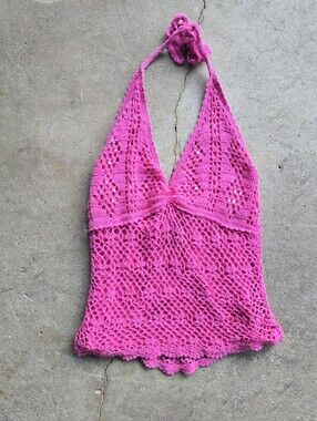 Vtg Y2K pink sequin Mermaid Fairy Whimsical Crochet Halter Top Large Boho